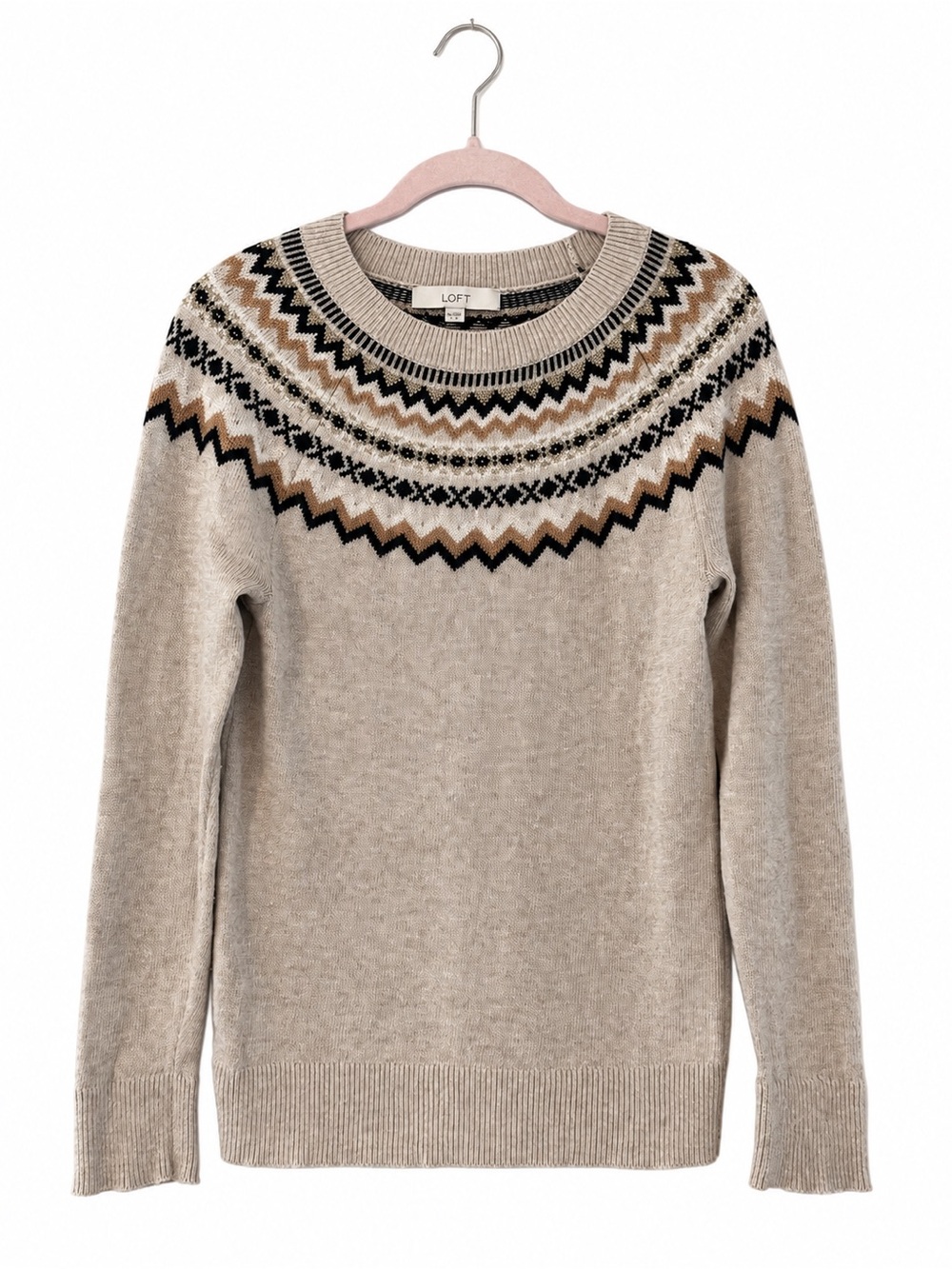 LOFT Fair Isle Sweater Womens M Wool Blend Metallic Gold Nordic Crewneck